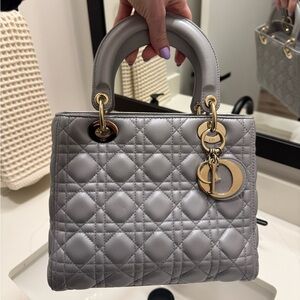 Dior LADY DIOR Medium Metallic Gray Quilted Bag - Authentic